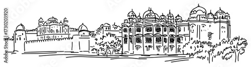 Jaipur Hawa Mahal and Fort Hand Drawn Vector Illustration