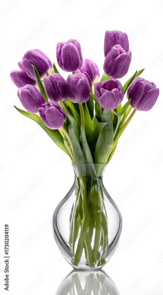Fototapeta premium Beautiful purple tulips in a clear vase brightening up a room with their vibrant color and fresh appearance
