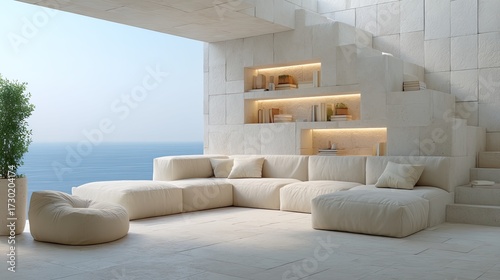Minimalist White Interior with Ocean View and Modern Furnishings