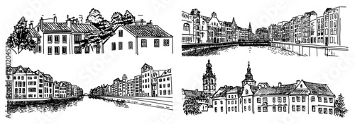 European Old Town Streets and Canal Panoramic Set