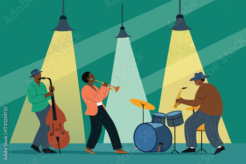Jazz musicians perform under spotlights. in detailed view.