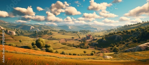 A stunning panoramic landscape, rolling hills, golden wheat fields, scattered trees, and a dramatic sky with fluffy white clouds - a picturesque countryside scene, detailed, hyper-realistic, cinematic