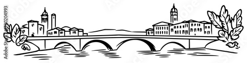 Historic Bridge and Riverside Town Panorama Sketch