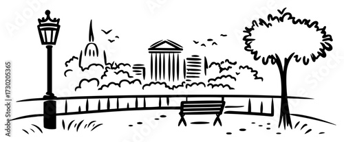 Urban Park Cityscape with Bench and Lamp Post