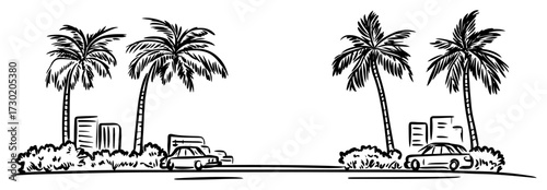 Coastal Road with Palm Trees and Cars Hand Drawn Vector