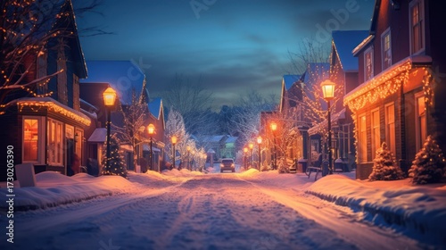 Fototapeta Naklejka Na Ścianę i Meble -  A snow-covered small town main street at night, colorful holiday lights and decorations lining the buildings, a peaceful winter scene with a warm, cozy atmosphere, cinematic lighting, detailed archite
