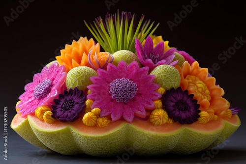 A vibrant floral melon carving, arranged with precision to create a colorful and artistic fruit display.