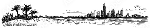 Hand Drawn Sketch of the Dubai Skyline from the Beach