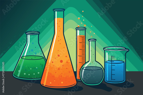 Laboratory glassware filled with colorful liquids and bubbles.
