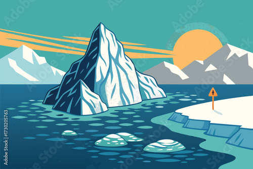 Stylized Arctic landscape with an iceberg and mountains at sunset.