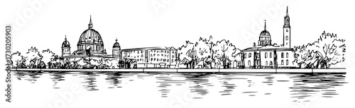 Berlin Cathedral on the Spree Waterfront Panoramic Illustration