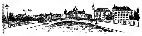 Austrian River City with Bridge Panorama Illustration