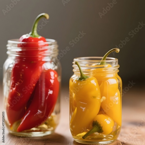 4k high quality Ai generative HD photo realistic food  glass jar red yellow peppers Mexico lombok cabai cabe cuka acar jalapeno chilli big closeup water