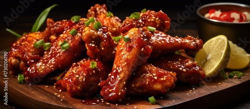 chicken wings, barbecue sauce, spicy, crispy, lemon wedge, dark background, food photography, mouthwatering
