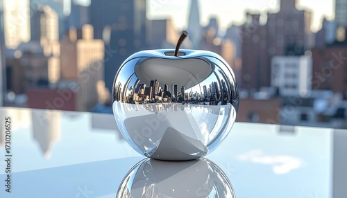 A shiny, metallic apple with a mirror-like surface reflecting a cityscape distorted by liquid ripples, placed on a reflective white table