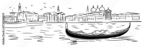 Venice Gondola on Canal with City Skyline Line Art
