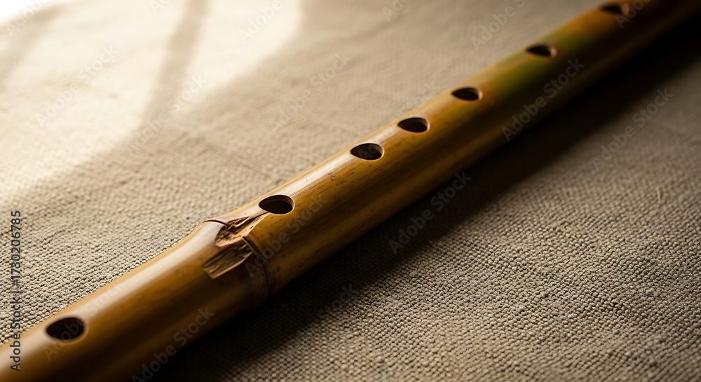 Naklejka premium Close-up of a bamboo flute with finger holes.