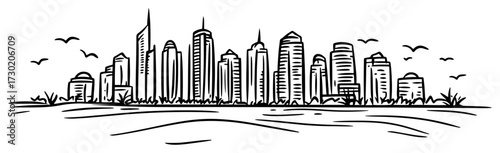 Modern City Skyline with Skyscrapers Hand Drawn Vector