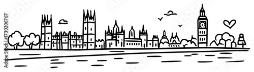 London Westminster Skyline with Big Ben Hand Drawn Vector