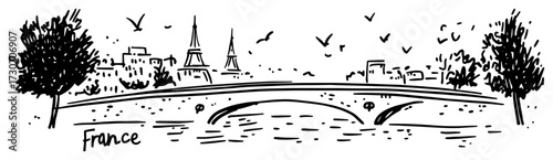 Paris Skyline with Eiffel Tower and River Bridge