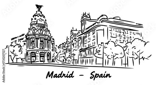 Madrid Spain Metropolis Building on Gran Via Hand Drawn Vector