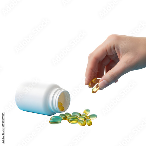  Closeup crop hand of unrecognizable female taking yellow vitamin pills scattered from plastic bottle 


