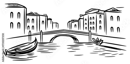 Venice Canal Scene with Gondola and Bridge