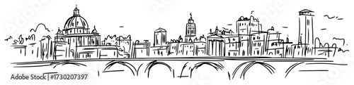 Historic European City Skyline with River Bridge