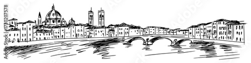 Historic European Riverside City with Bridge Sketch