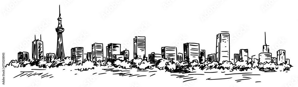 Naklejka premium Toronto Skyline with CN Tower Hand Drawn Vector