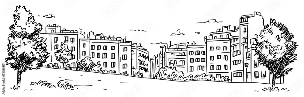 Obraz premium European Apartment Buildings by Park Hand Drawn Vector