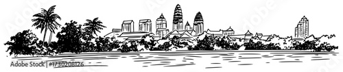 Southeast Asian Skyline With Temple Spires and Palms black shape vector laser cutting engraving monochrome print