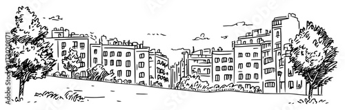 European Apartment Buildings by Park Hand Drawn Vector