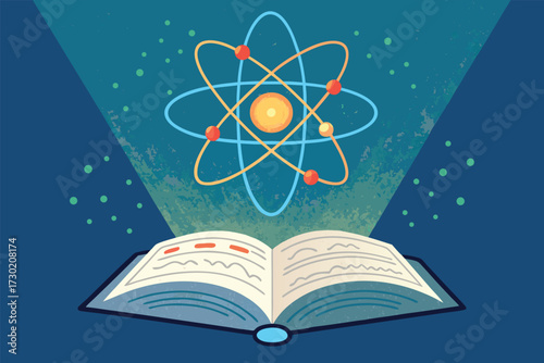 An open book radiates knowledge symbolized by an atom.