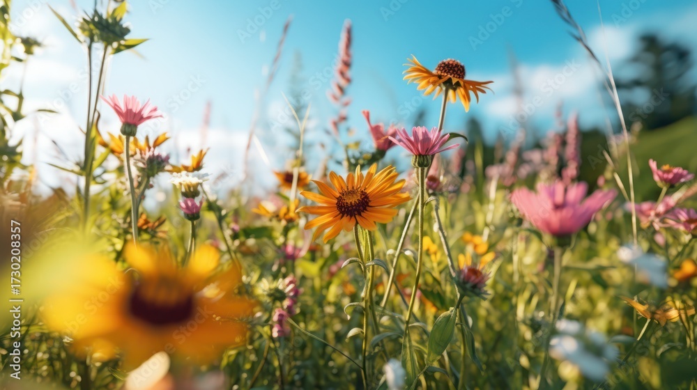Obraz premium vibrant, lush, colorful meadow, diverse array of wildflowers, daisy, coneflower, sunflower, soft natural lighting, warm tones, shallow depth of field, dreamy, enchanting, whimsical, serene, tranquil, 