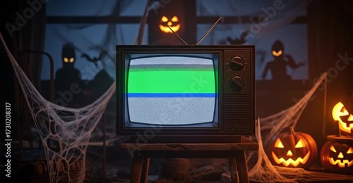 Retro TV displays grain on screen, perfect for chroma key and Halloween scares