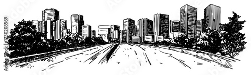 Modern City Skyline with Highway Perspective Hand Drawn Vector