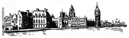 London Cityscape with Big Ben and River Thames Sketch