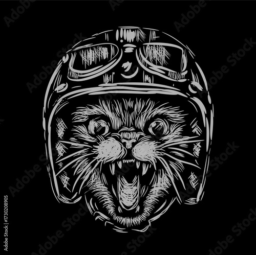 The woodcut illustration style vector of cat wearing helmet
