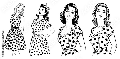 Retro Pin Up Women in Heart Pattern Dresses Vector