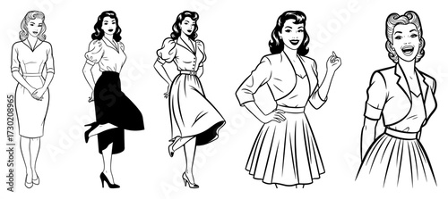 Retro Women in Classic 1950s Dresses Vector