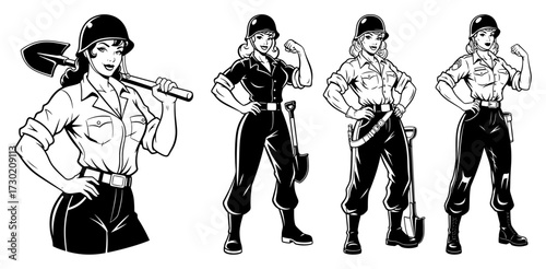 Set of Retro Military Pin Up Women with Shovels