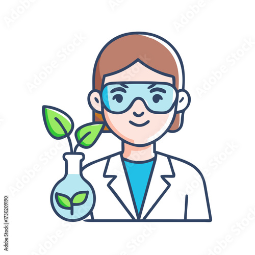 Scientist with protective goggles holding a flask and a plant, symbolizing research and innovation
