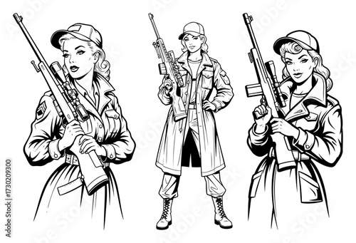 Vintage Female Soldier with Rifle Pinup Set
