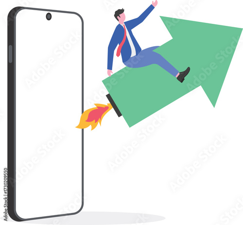 Businessman riding rising arrow with rocket booster

