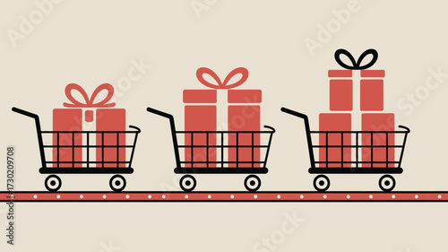 Three shopping carts filled with red gift boxes of varying sizes on a dotted red line design