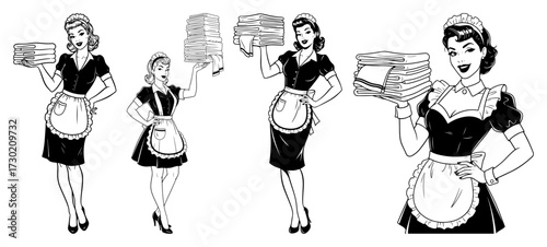 Vintage Laundry Maid Women With Folded Clothes