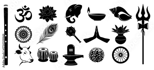 Hindu Religious Symbols Icon Set black shape vector laser cutting engraving monochrome print