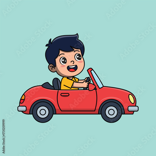 Vector Illustration Happy Boy Driving a Red Convertible Car Cartoon Cute