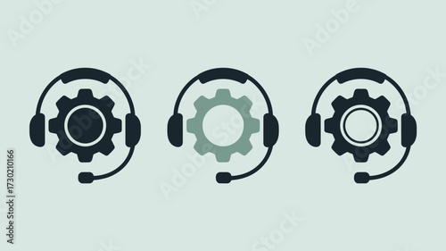 Three icons showing headsets with gears inside on a light blue background in a vector graphic
